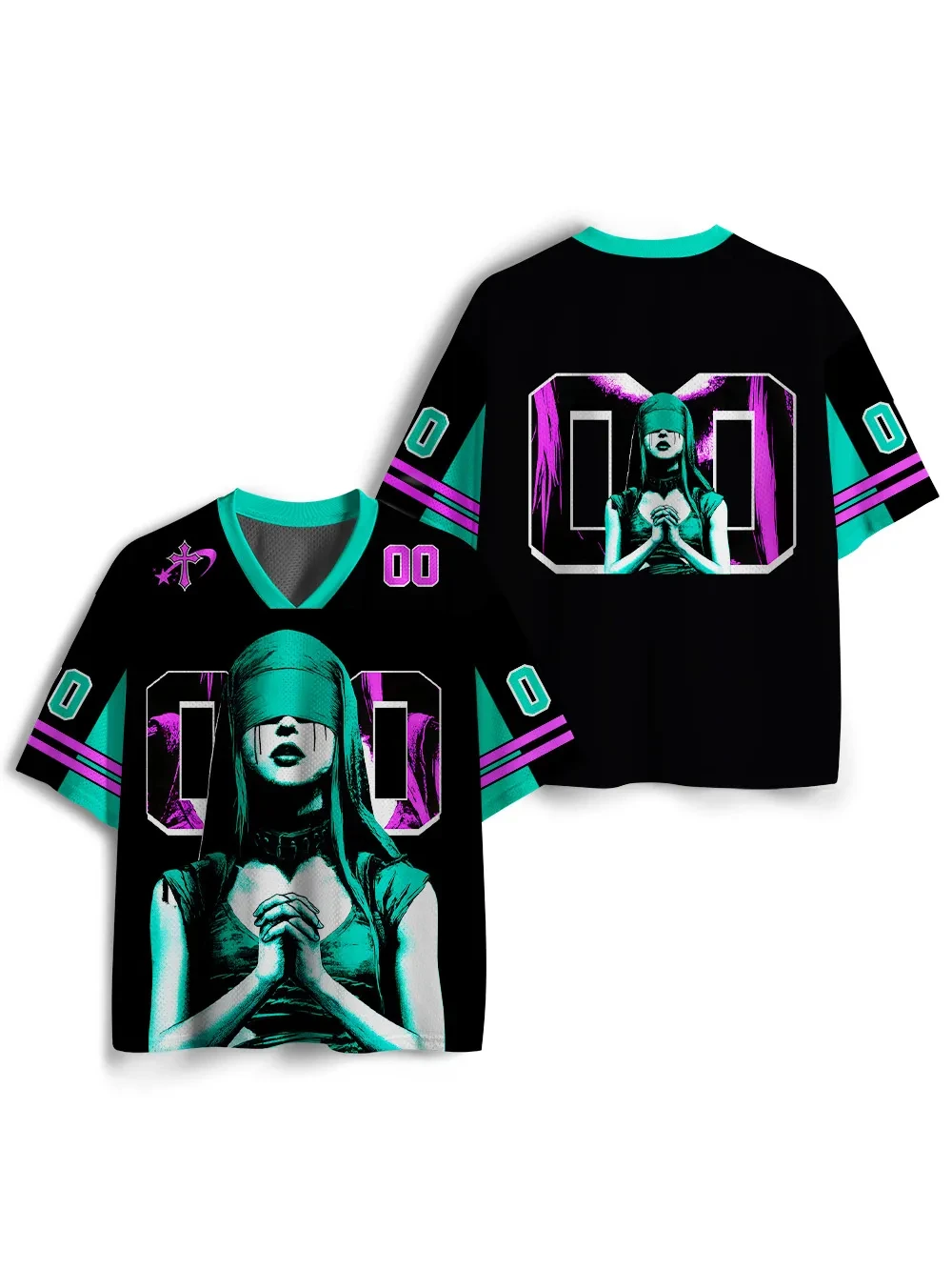 Trending Alt Street Jersey V‑Neck Mesh Cyber Goth Gothic Portrait Pop Art 00 Number Graphic Short Sleeve Tee