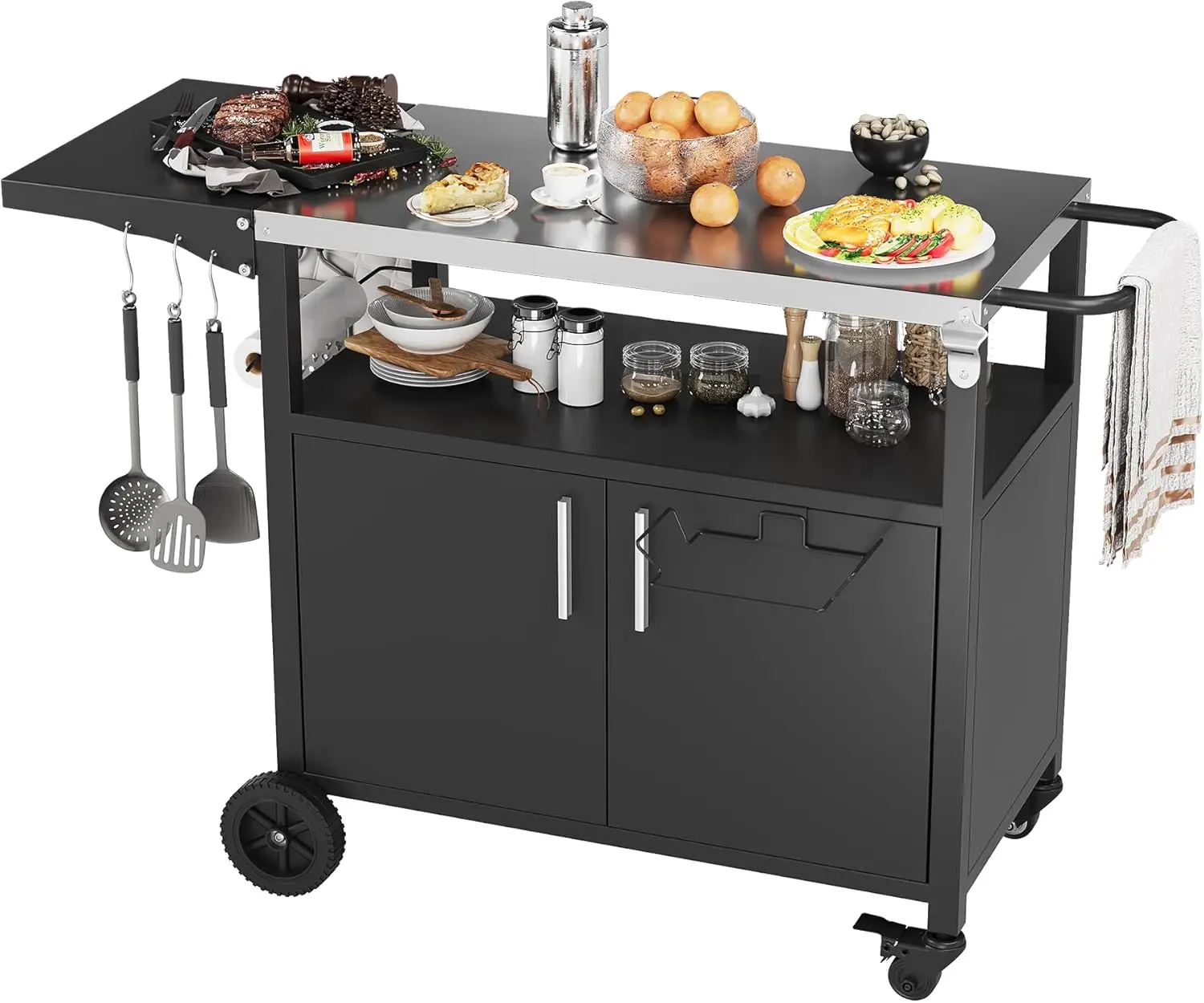 Outdoor Grill Cart with Storage,Patio Kitchen Island Outdoor Grill Table with Wheels,BBQ Cart Movable Pizza Oven Table Stand