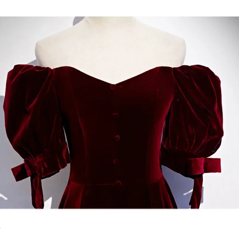 Robe de Soirée Personnalisée en Velours Rouge Vin, Grande Taille, à Manches Courtes, Fermeture Éclair, Ligne A, Longueur au Sol, Formelle