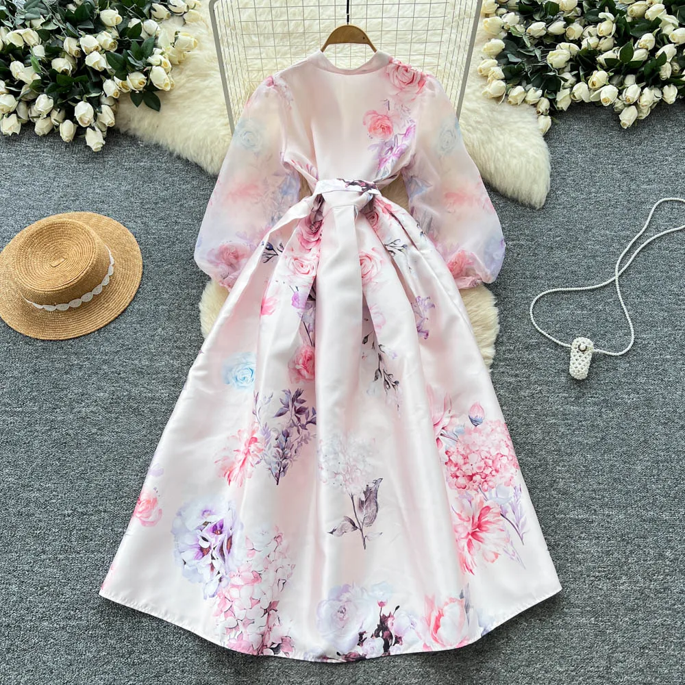 Clothland femmes élégant robe portefeuille en Satin à fleurs croix col en V à manches longues ceintures une ligne Vintage robes Maxi Vestido QE275