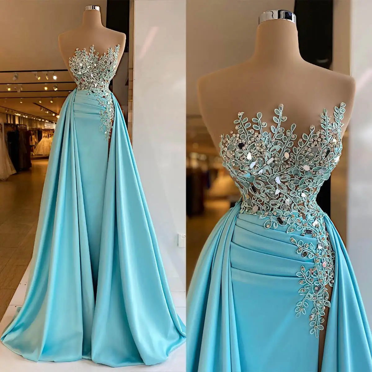 Modern Sheath Gown Evening Dresses Appliques Pattern Satin Strapless Celebrity Party Prom  Dresses Plus Size Custom Size Color