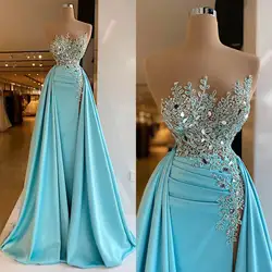 Modern Sheath Gown Evening Dresses Appliques Pattern Satin Strapless Celebrity Party Prom  Dresses Plus Size Custom Size Color