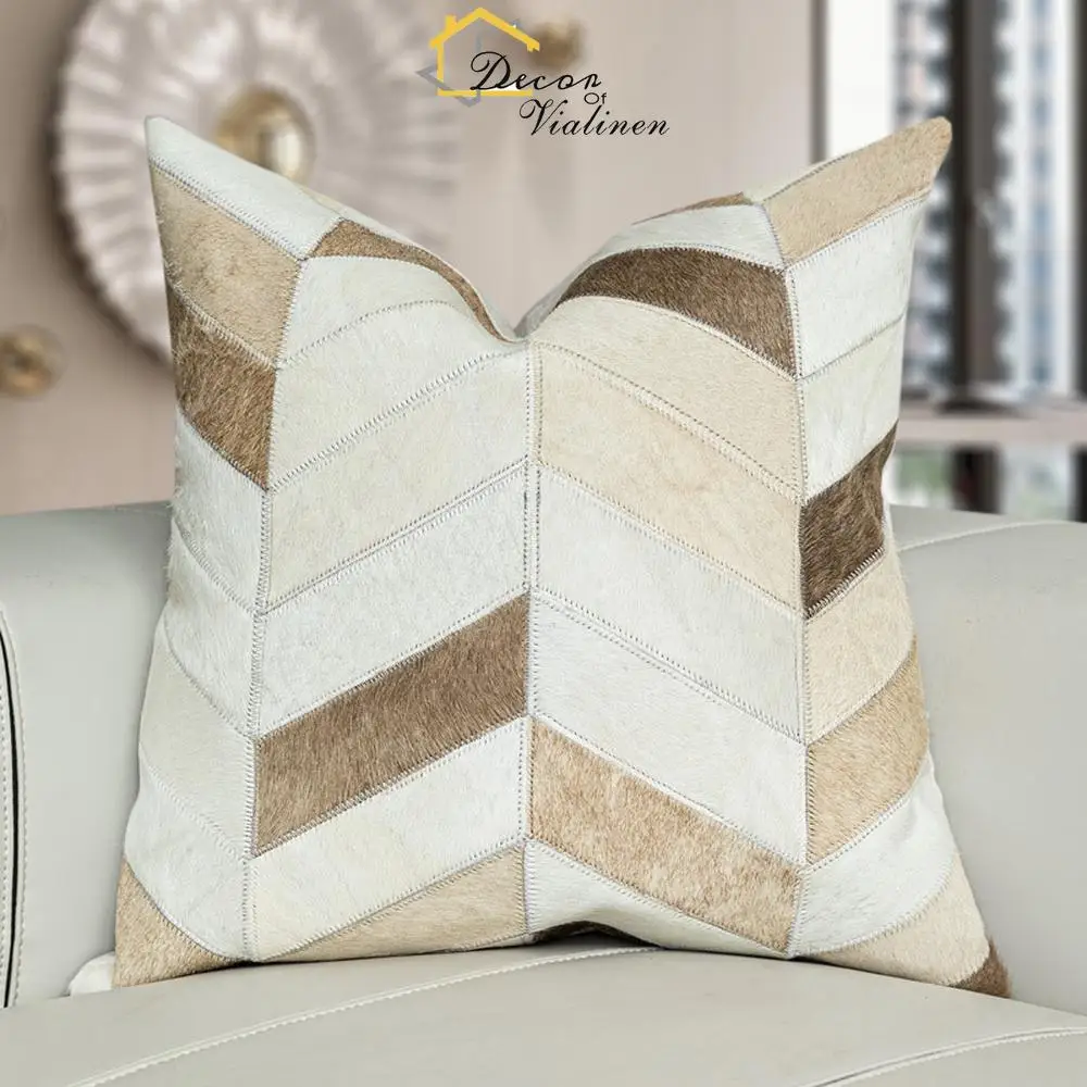 Wabi Sabi style modern light luxury pillow handmade splicing cowhide pillowcase sofa backrest high-end feeling living room large