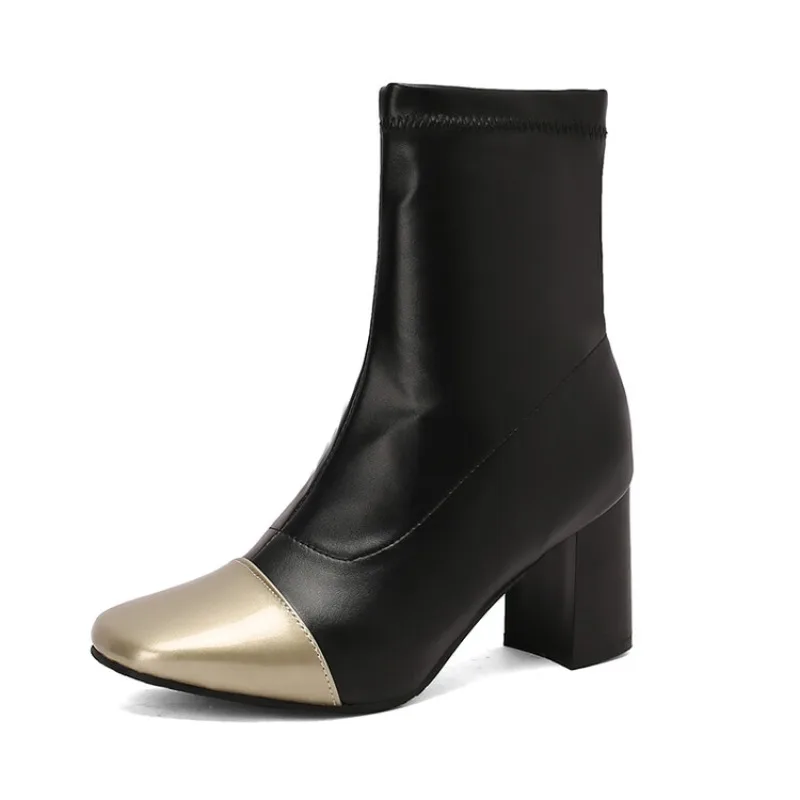 

High quality autumn and winter women's shoes Thick Heel Fashion color blocking design personalized women's boots Banquets