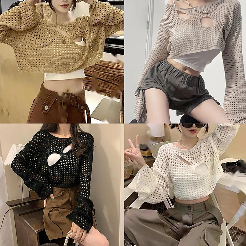 Knitted Crop Top Hollow Out Loose O Neck Long Sleeve Smock Top Women Retro Streetwear Fashion Tee Chic Knitwear