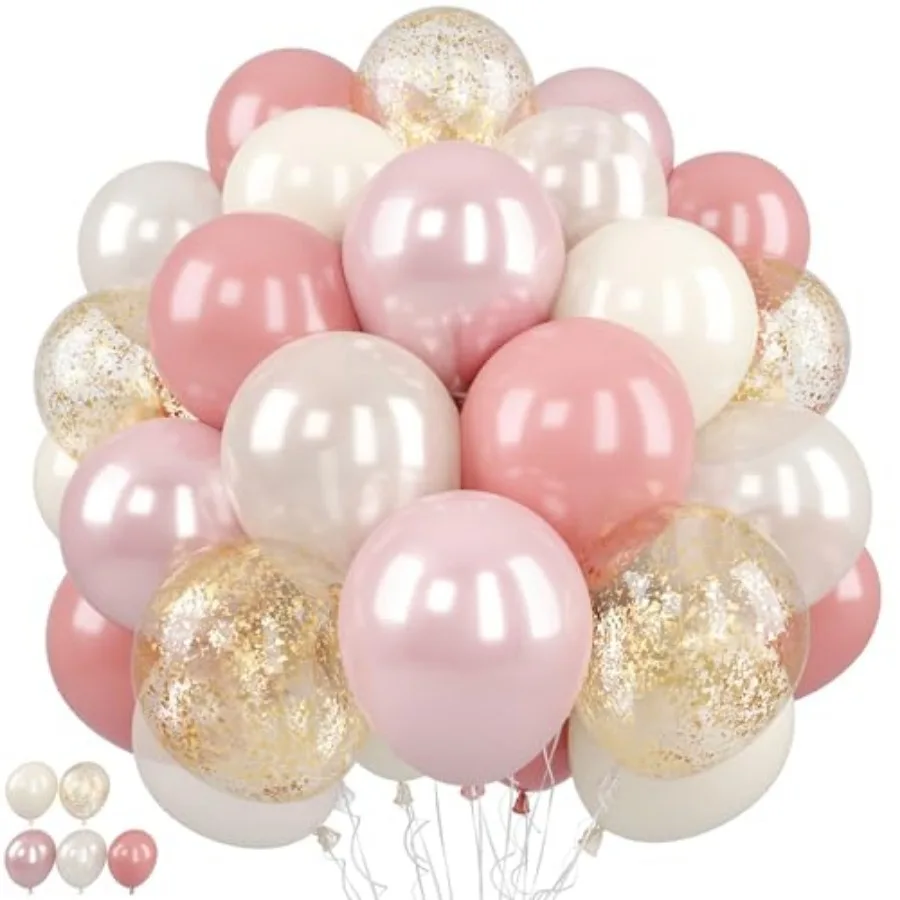 

Pink and Gold Balloons, 50Pcs 12 Inch Retro Blush Pink Double Stuffed-pink Metallic Gold Confetti Boho Ballon for Birthday Brid