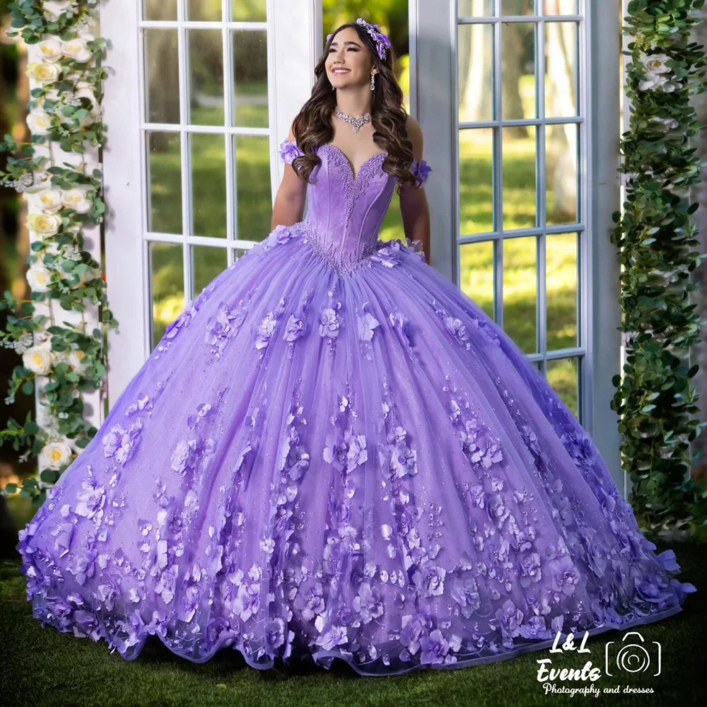 Vestido De baile De encaje con flores 3D lilas, quinceañera, hombros descubiertos, corsé con cuentas De cristal, 15 Años