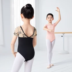Kids Ballet Leotard Embroidery Mesh Splice Cotton Leotard for Toddlers Girls Gymnastics Dance Leotard for Ballet Rhythmic