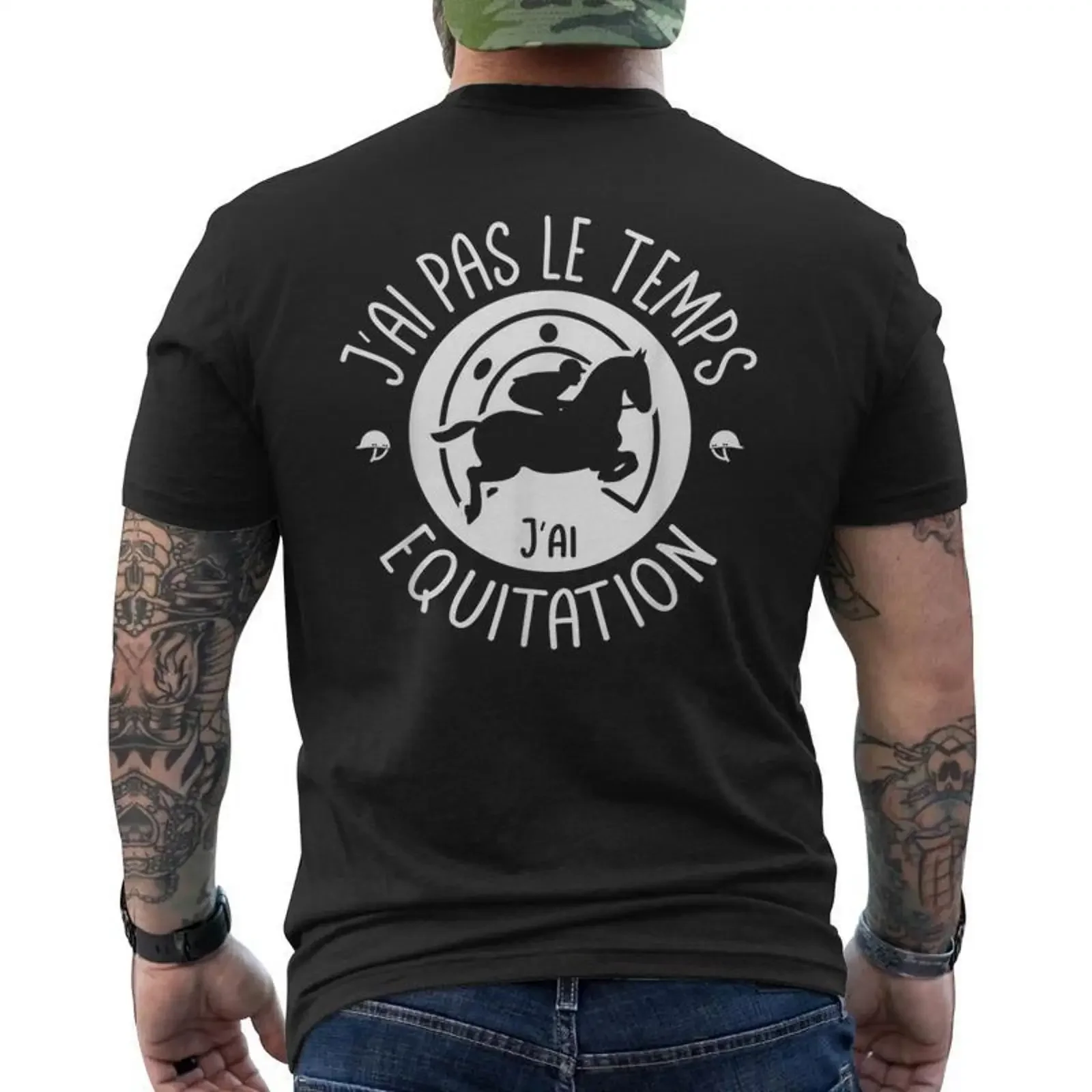 T-shirt imprimé au dos « J'ai Pas Le Temps Equitation Pour Les Fans De Chevaux », style vintage délavé, idéal pour le quotidien