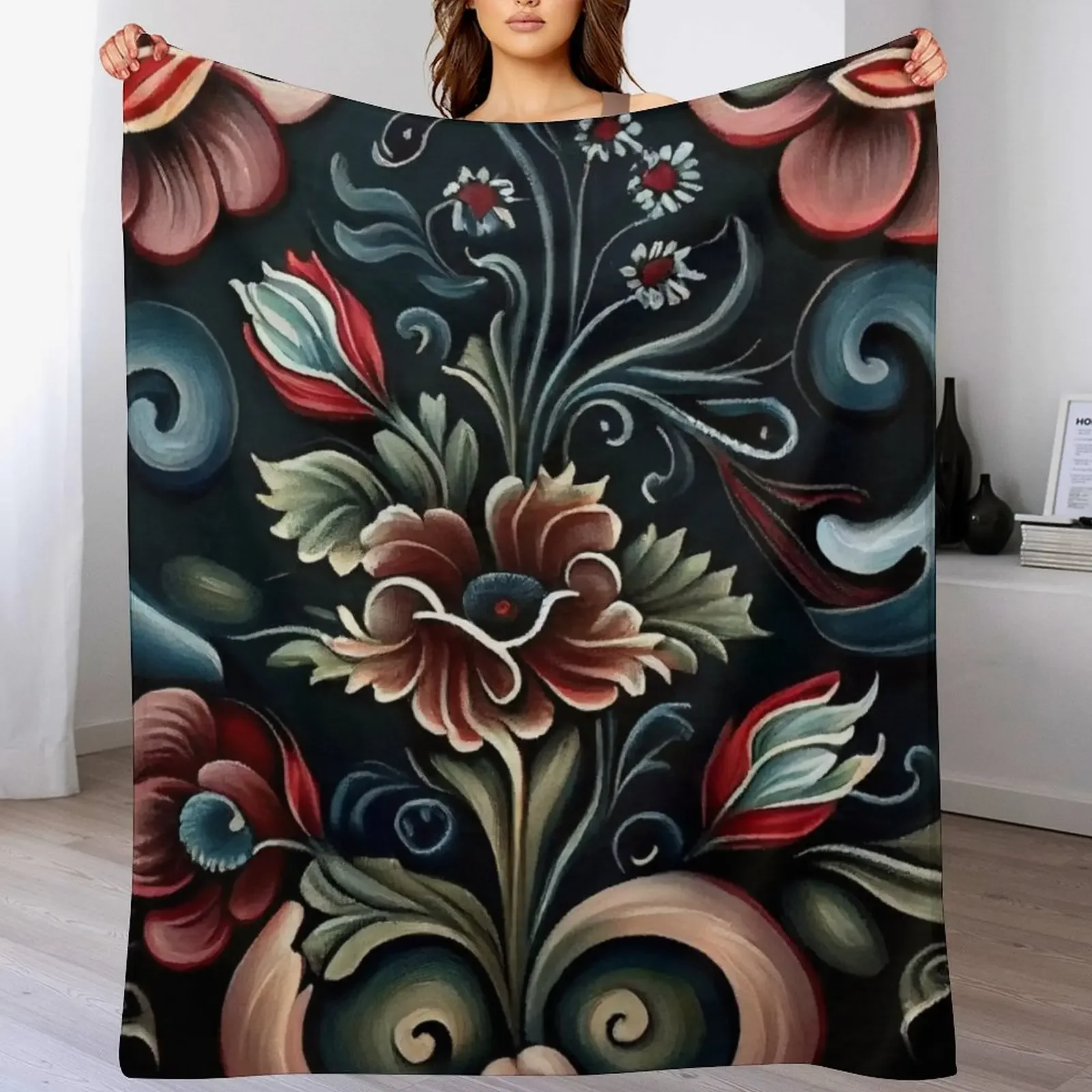 

Norwegian Rosemaling-Oil On Canvas #10 Throw Blanket Fluffy Cozy Throw Blanket for Home Decor