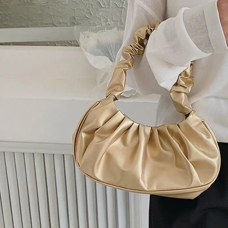 Pleated PU Leather Cloud Bag Summer Casual Womens Handbag Armpit Shoulder Tote Bag for Travel and Office