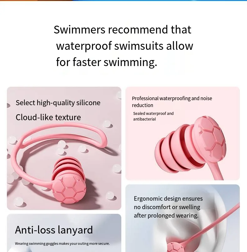 Weiche Silikon-Schwimm-Ohrstöpsel mit Schnur, wasserdichte Ohrstöpsel gegen Verlust, 3-lagige Ohrstöpsel zur Geräuschreduzierung für Schlaf und Schwimmen – Detail 3