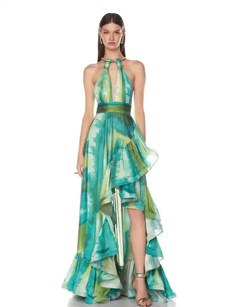 Vestido E de Camadas em Verde adiente com Decote Costas Nuas para Festa de Noite e Praia Moda Fena