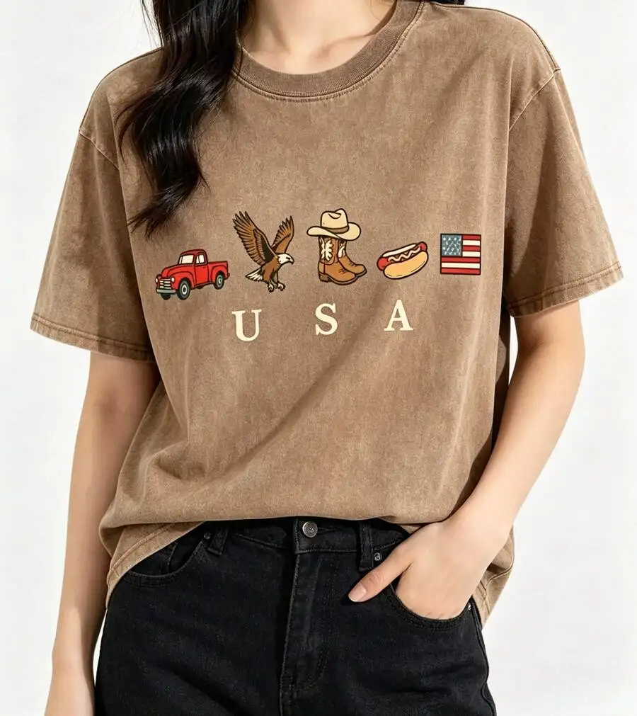 

USA Icons Graphic Tee Women Casual Short Sleeve Crew Neck T-Shirt