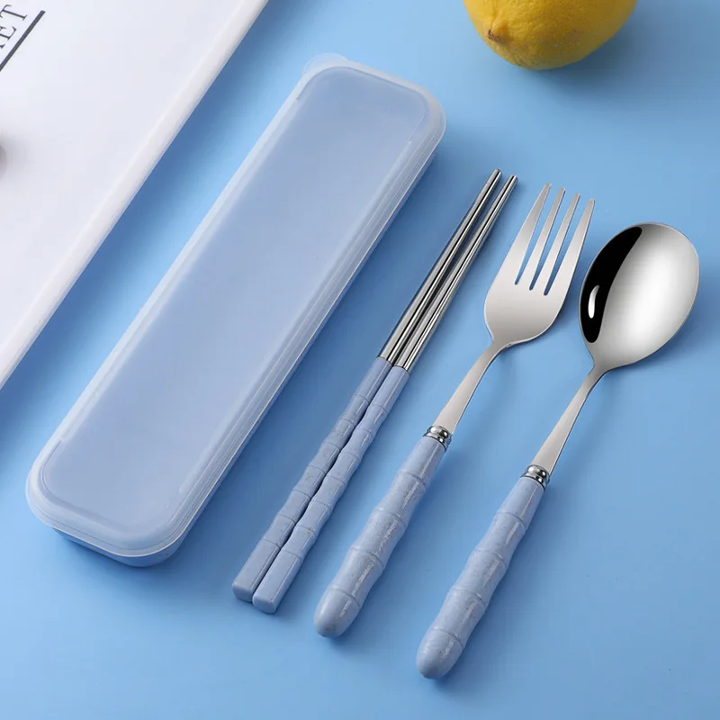 Portable Wheat Straw Cutlery Set, Stainless Steel Spoon Fork Chopsticks 3Pcs, Reusable Korean Tableware for Student Gift