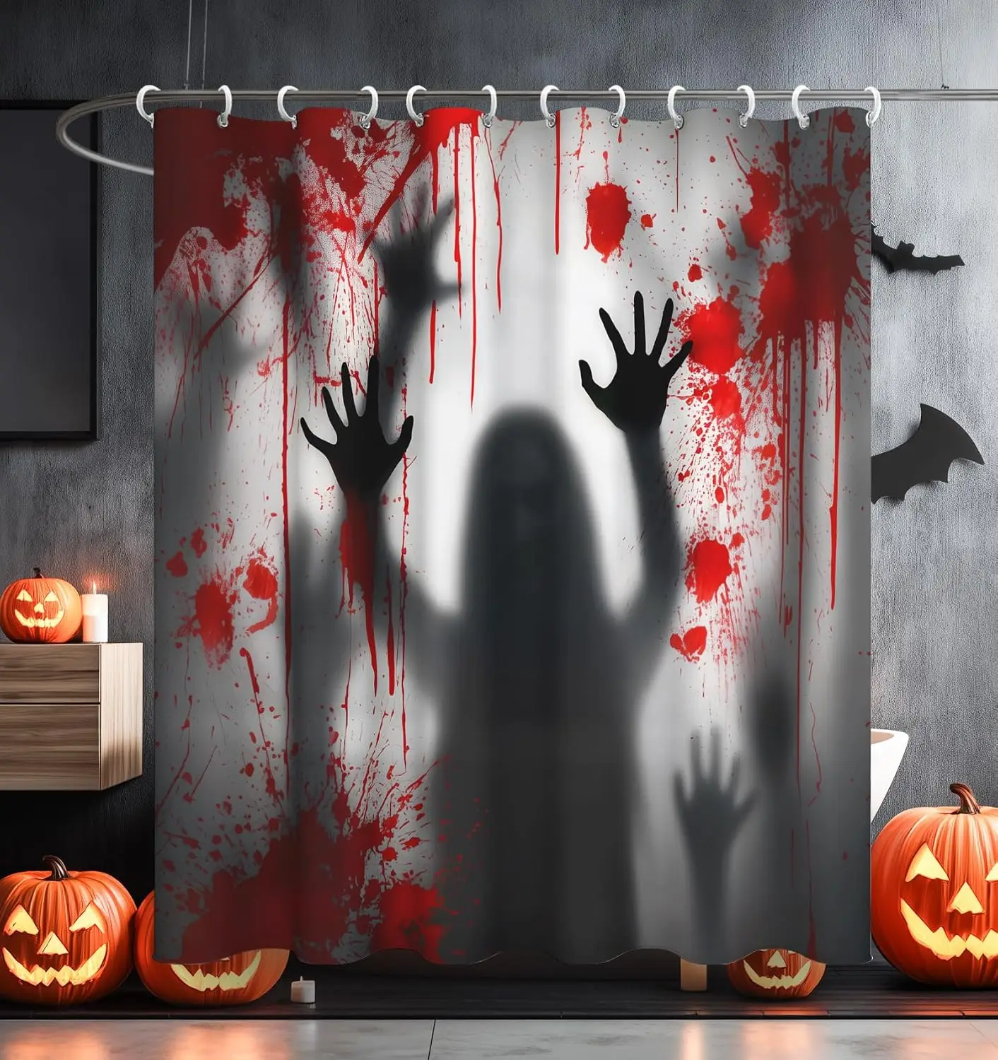 Scary Halloween Shower Curtain, Bloody Handprint Ghost Shadow Blood Splatter Horror Themed Print Waterproof Bath Curtain Decor