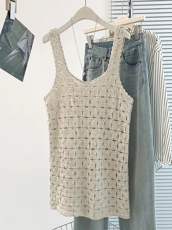 Vacation Style Knitted Hooked Hollow out U-Neck Women's Vest Summer 2026 Bohemian Backless Strap Top Breathable A-Line Design