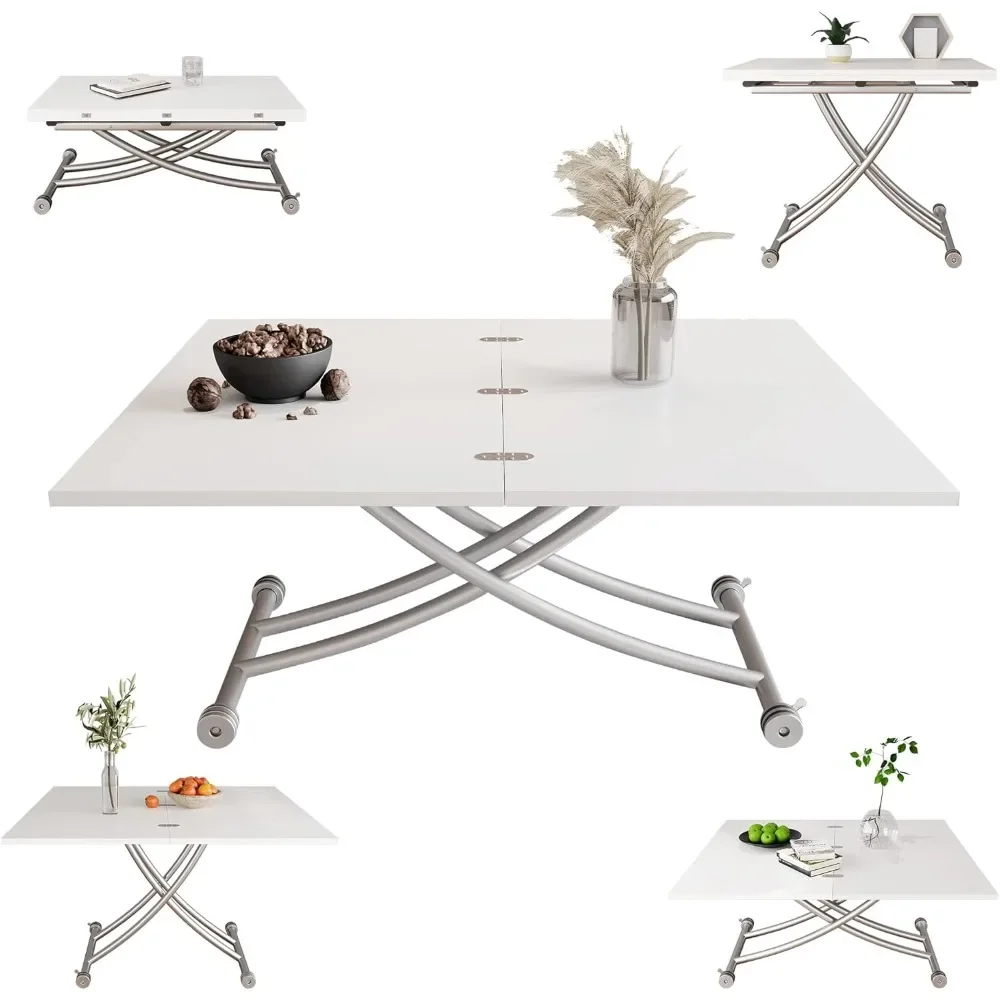 Folding Dining Table Lift Top Coffee Table Converts to Dining Table with Sturdy Cross Metal Legs, Multi-Functional Space Saving