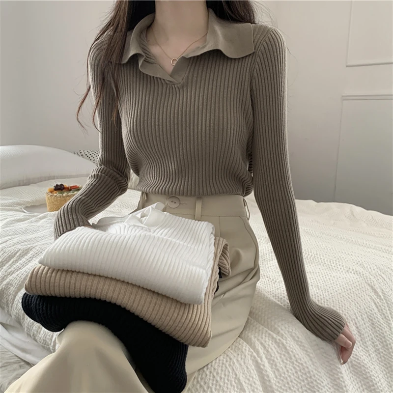 

Gidyq Women Knitted Sweater Autumn Casual Stripe Long Sleeve Pullover Tops Korean Female All Match Slim Solid Jumper New