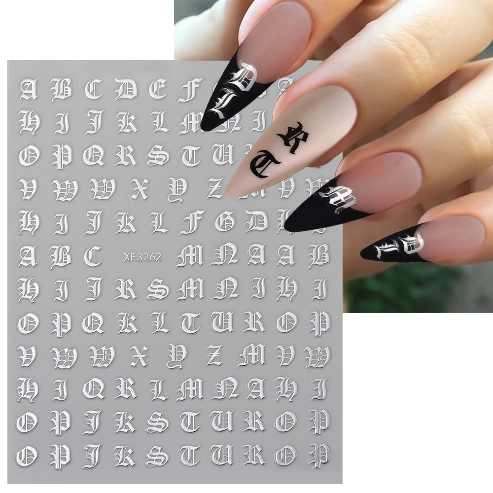 8 stks/set Gothic Letter Nail Art Stickers Holografisch Alfabet Ontwerp Nail Decal Lijm Hoofdletters Letter Nail Wraps Nail Decor *