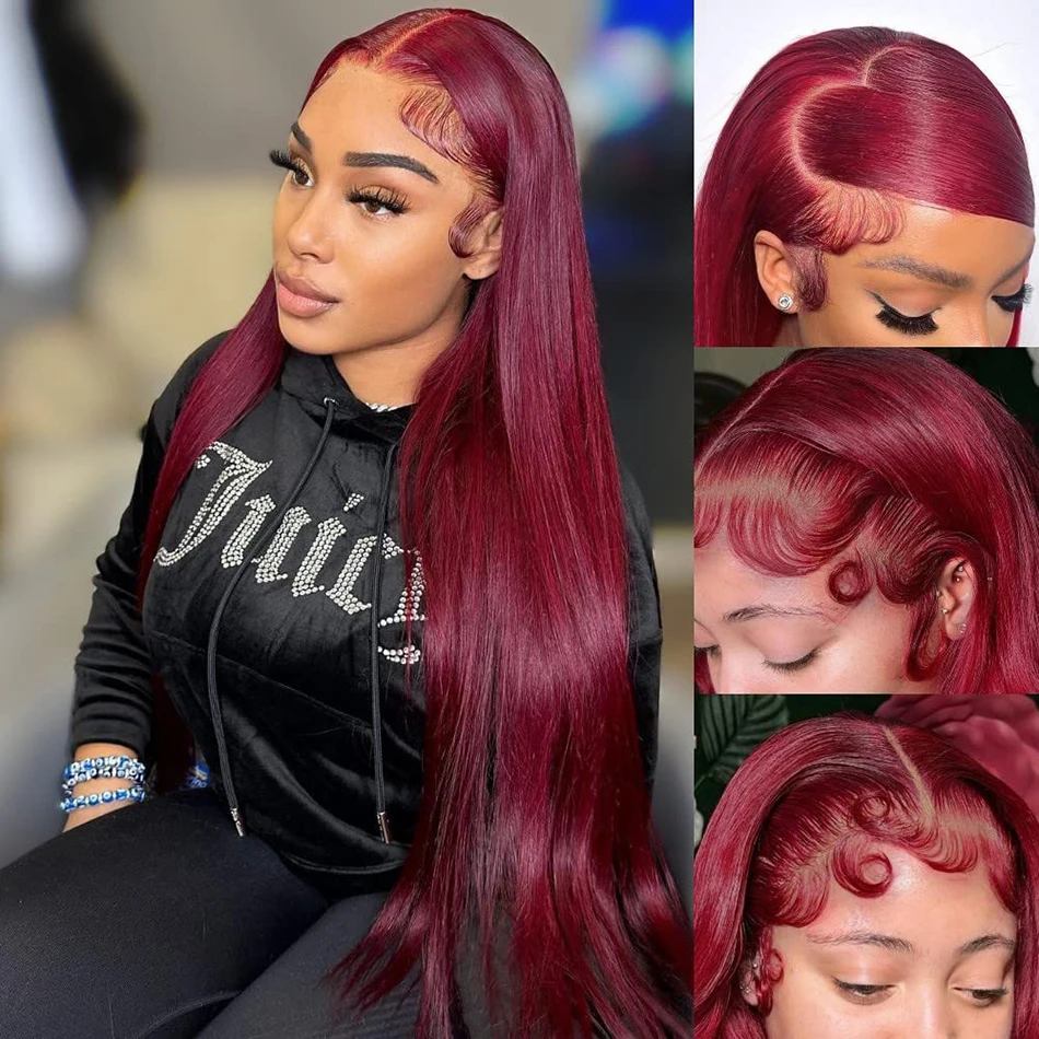 Wiggogo Red Lace Front Human Hair Wigs 99J Бордовый 13X4 13X6 Hd Парик фронтальной части шнурка Прямые парики фронта шнурка Цветные парики Hd Lace