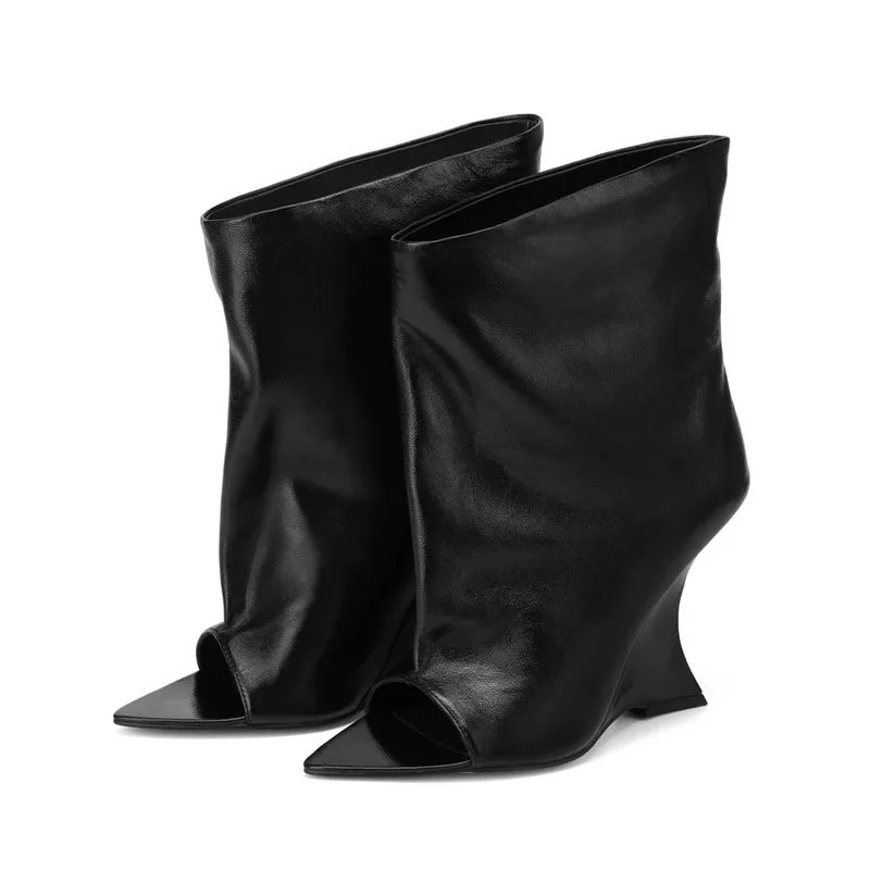 New Design Women's Ankle Boots Pointed Toe Wedges Peep Toe Femme Short Boots Lightweight Breathable Fashion Lady Modern Boots