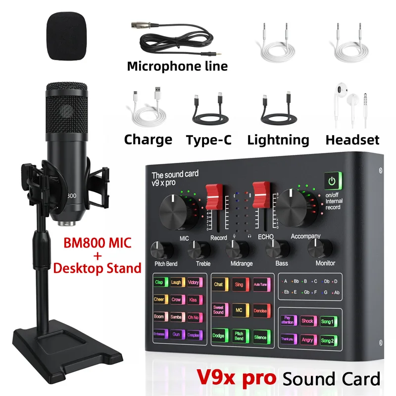 

V9x pro Sound Card Noise Reduction BM800 Microphone Desktop Stand Studio Mixer Singing Voice Live Streaming Exclusive Set