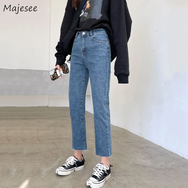 청바지 여성 한국 스타일 Feminino 바지 캐주얼 하이 웨이스트 학생 가을 기본 소프트 트렌디 슬림 streetwear 솔리드 여성용 핏