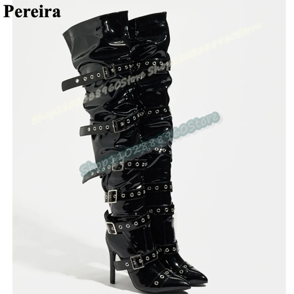 

Over The Knee Black Soft Leather Buckle Strappy Boots Thin High Heel Shoes For Women Side Zipper Pointed Toe Fashion Women Boots