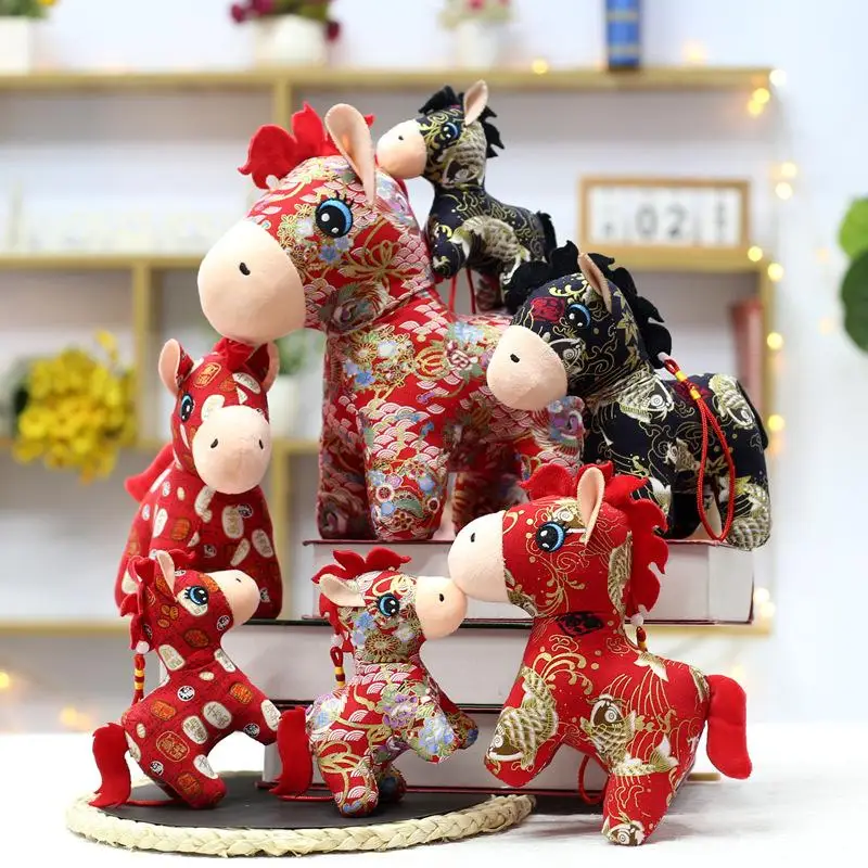 1 Stuks 15/20 Cm Culturele Bloem-Doek Paard Pop Nieuwjaar Mascotte Feestelijke Sleutelhanger Tas Decoratie Knuffel gift