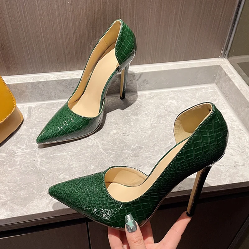 Liyke Green Snake Print Leather Women High Heels Pumps Party Nachtclub Stripper Shoe Sexy Slingback Shallow Pointed Toe Stiletto