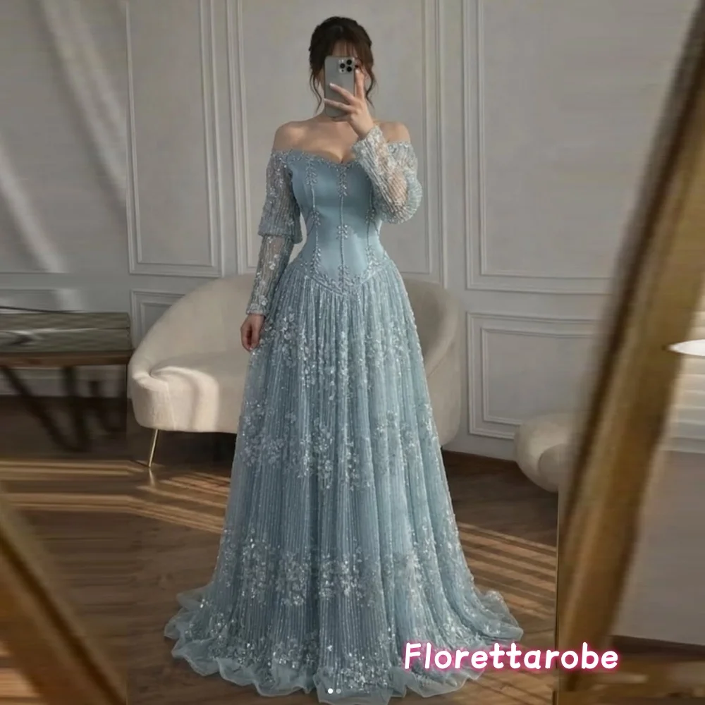 Schulterfreie A-Linien-Abschlussballkleider, elegante Spitzen-Partykleider, maßgeschneidertes bodenlanges Abendkleid mit langen Ärmeln
