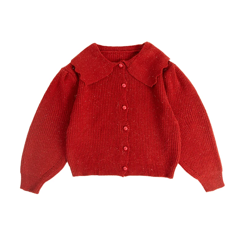 Lente Herfst Kinderen Peter Pan Kraag Rode Trui voor Tweens Meisje Korte Stijl Gebreid Vest Kinderen Casual Knop Truien 4-14Y