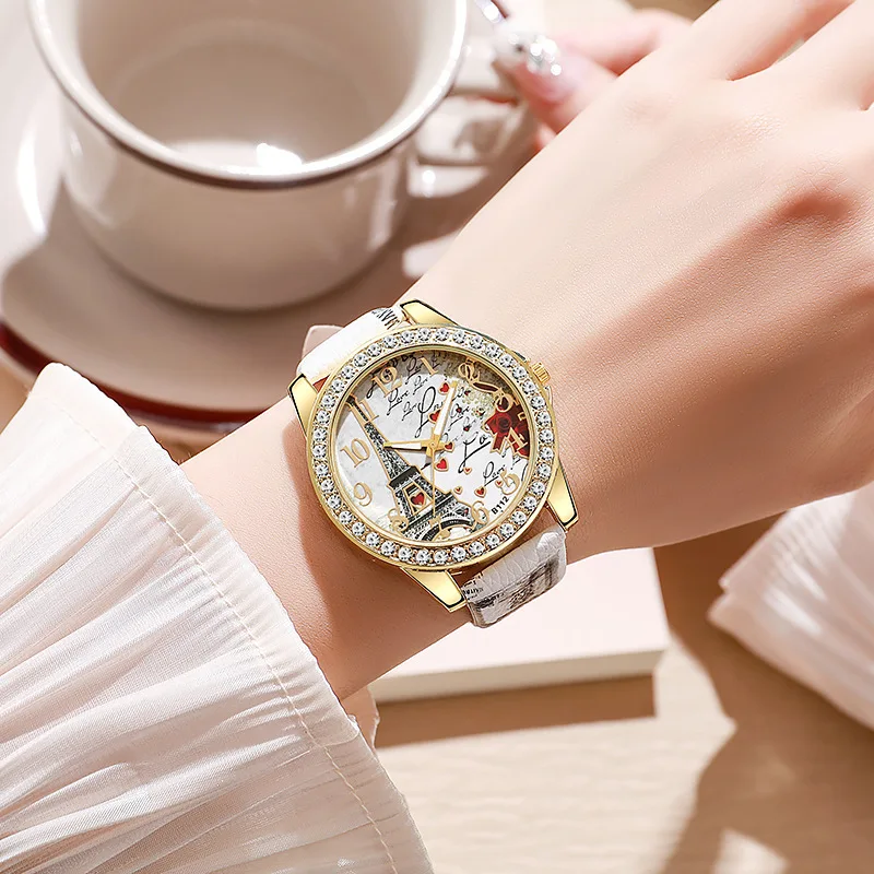 ساعة نسائية بحزام مطبوع على شكل برج باريس ساعة كوارتز رقمية ماسية #2