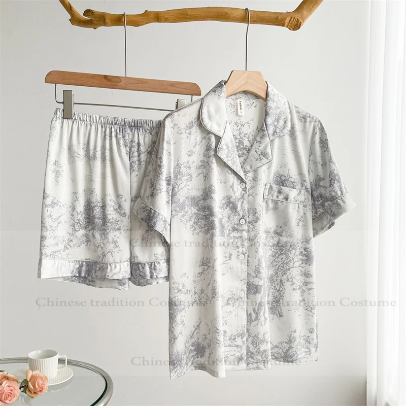 2Pcs Shorts Set Lady Rayon Sleepwear Autumn Winter Pajama Sets Home Clothes Print Pyjama Mariage Femme Thin Loungewear Pjs