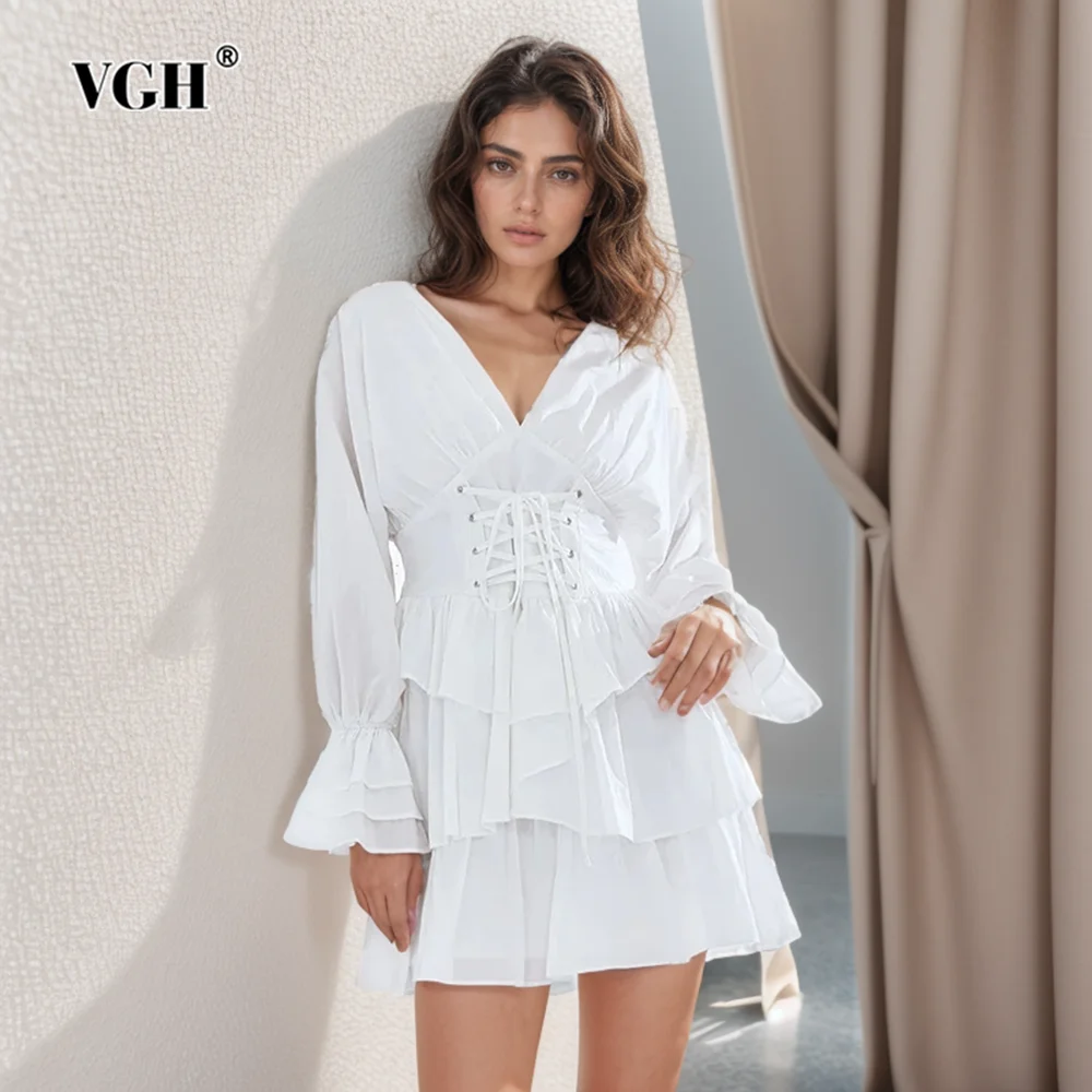 

VGH Sexy Slimming Dresses For Women V Neck Long Sleeve Tunic Patchwork Ruffled Elegant Summer Dress Female Clothing 2024 New