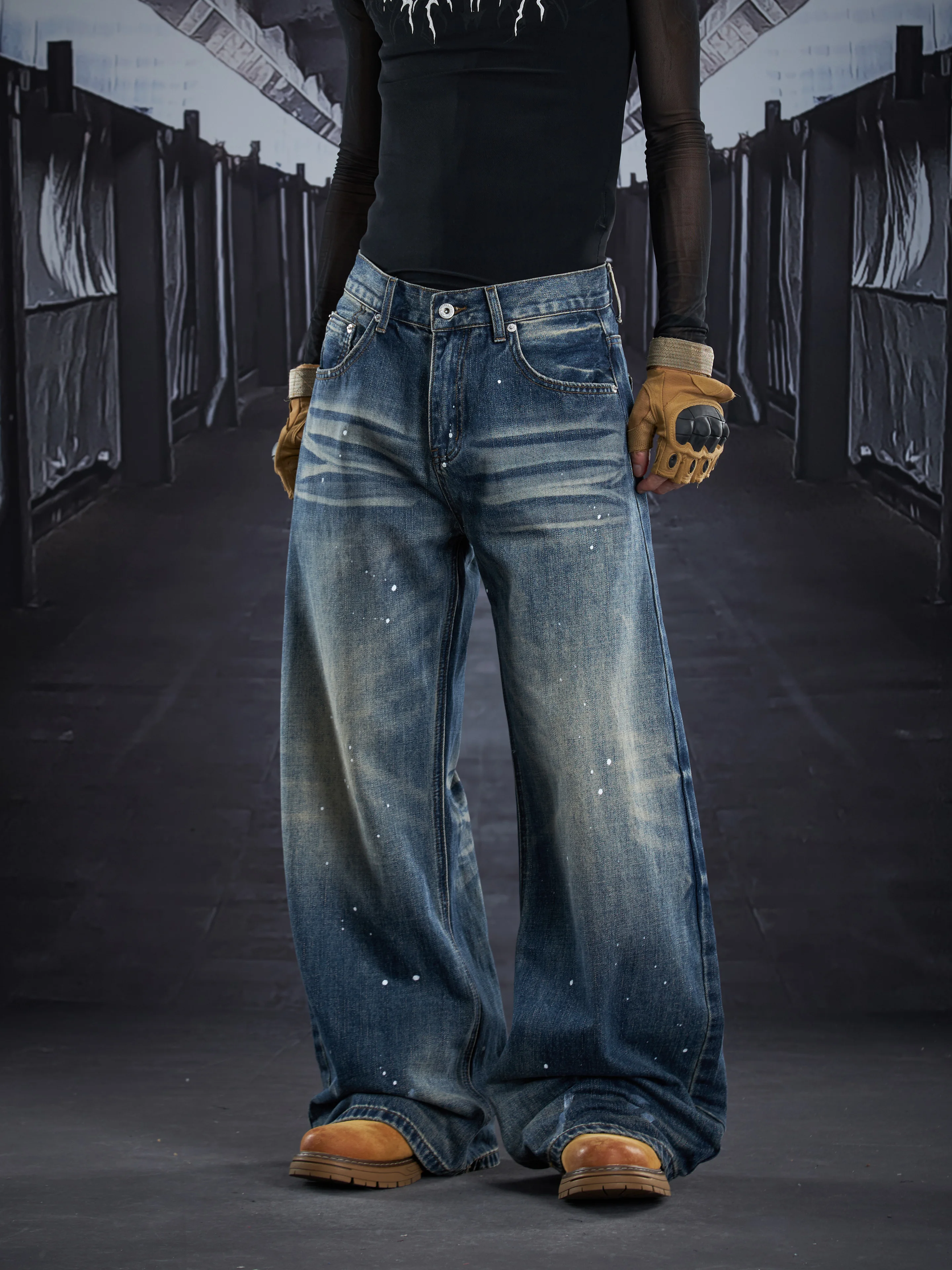 Design Wash Water Super Handmade Splash Paint Honeycomb Beautiful Matchet Pants Jeans Wide Leg All-Match Fashion