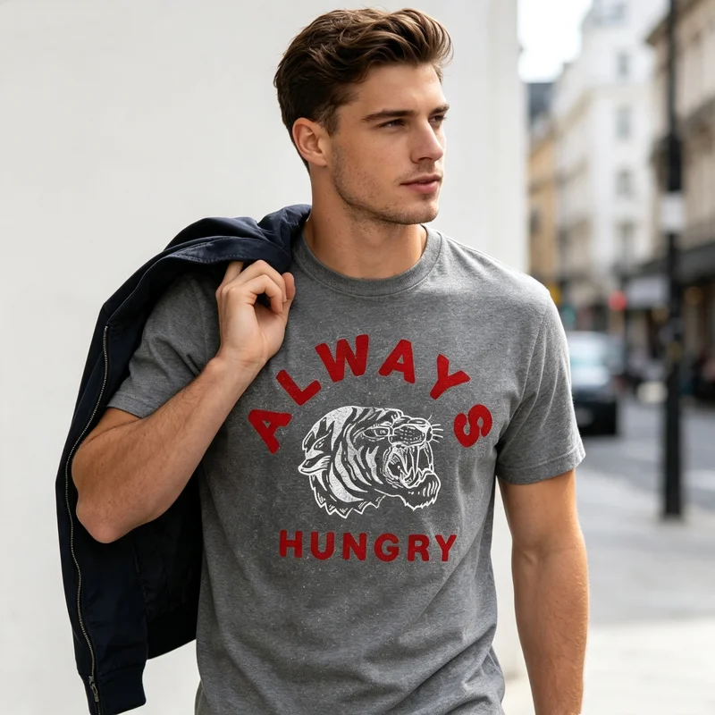 Retro Tiger Always Hungry T Shirt Distressed Red Text Print Breathable Cotton Short Sleeve Fashion Casual Top For Men Women