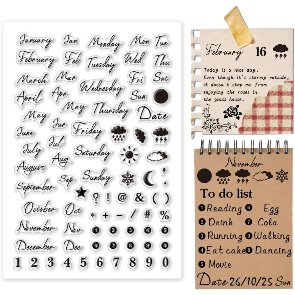 Handwritten Month Clear Stamp for Card Making Date Week Weather Silicone Stamp Number Symbol Transparent Rubber Stamp Seal Stamp
