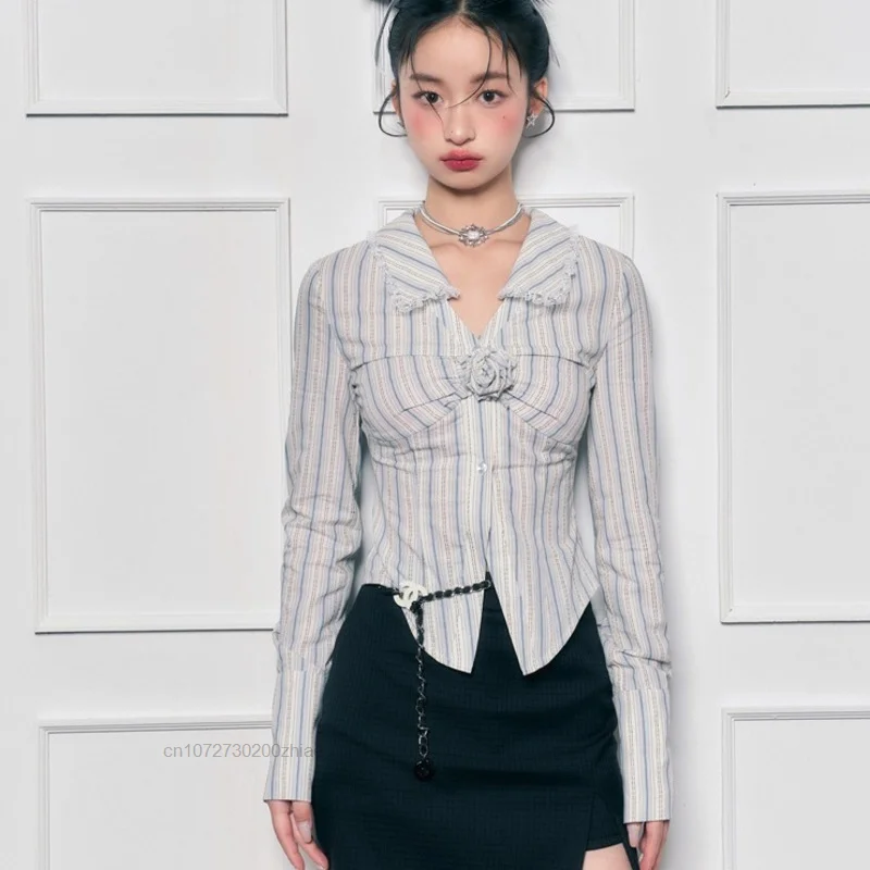 Women Shirt Y2k Tops Design Vintage Striped Sweet V-neck Lapel Flower Decorative Shirt Skirt Two Piece Set 2023 New 00s Clothes