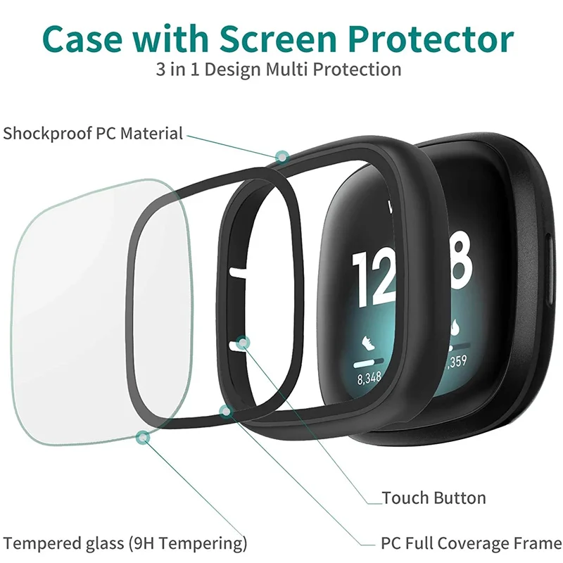 Glass+Case Full for Fitbit Versa 3 Protective Case Screen Protector Hard PC Matte Bumper Shell for Fitbit Sense All-Around Cover