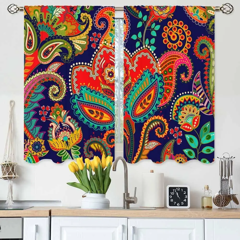 

Кухонные шторы с узором пейсли, ретро, индийский этнический цветочный стиль, короткие шторы в стиле бохо, для ванной, кафе, маленьких окон, декоративные занавески