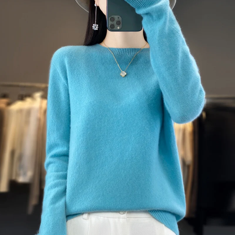 Autumn and Winter New Merino 100% Wool Solid Color Warm Female O-Neck Knitted Long Sleeve Solid Color Pullover