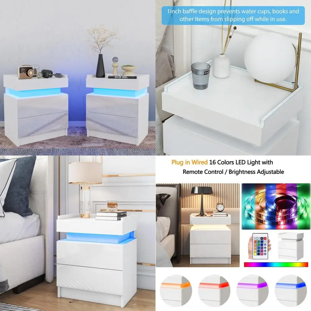 Modern LED Nightstand Set - 2 Drawers High Gloss White Bedside Table with Smart Tabletop Lighting, Contemporary Nightstands for