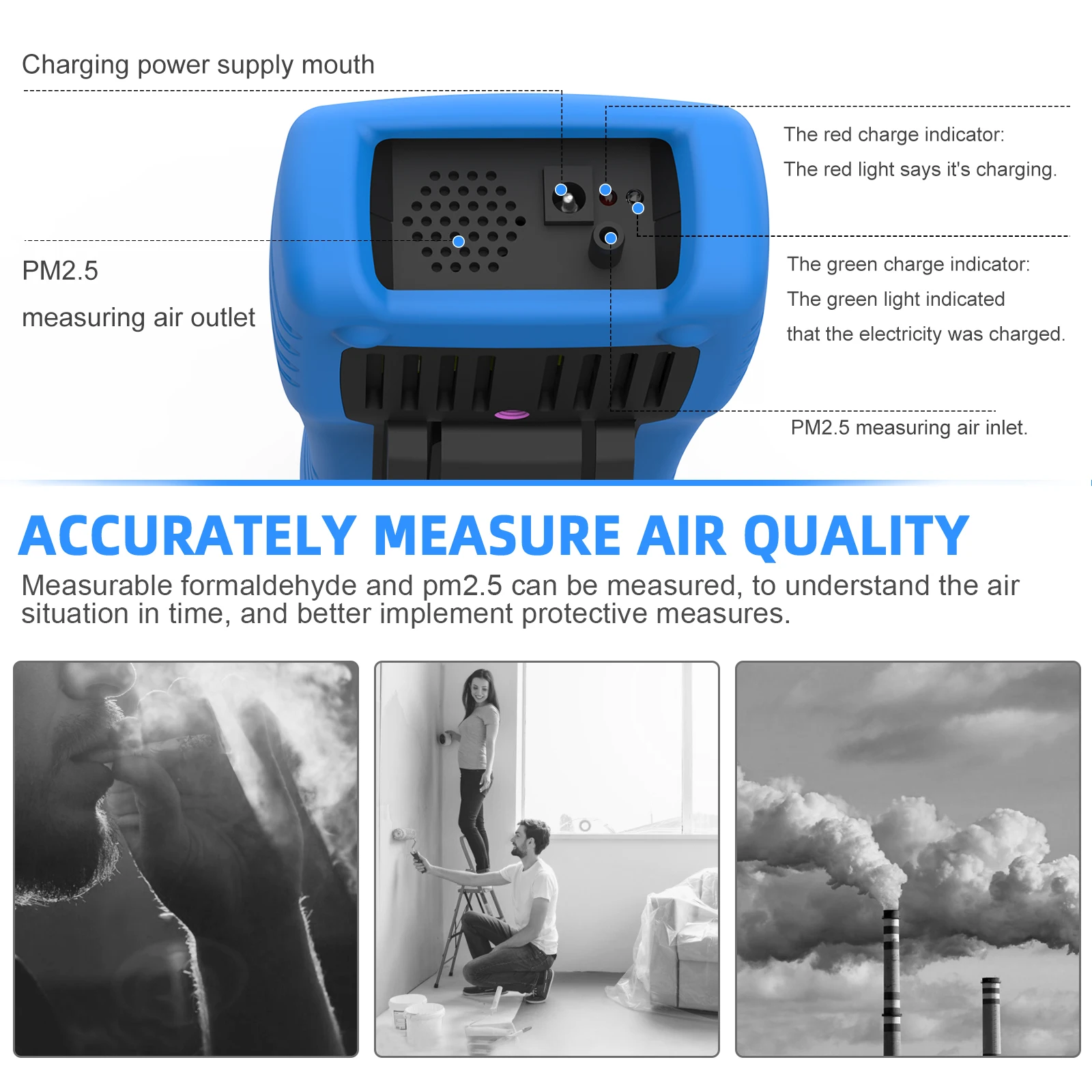 3 in 1 Air Quality Monitor, Formaldehyde Detector to Test PM2.5, PM10, HCHO, TVOC, USB Rechargeable for Indoor, Outdoor