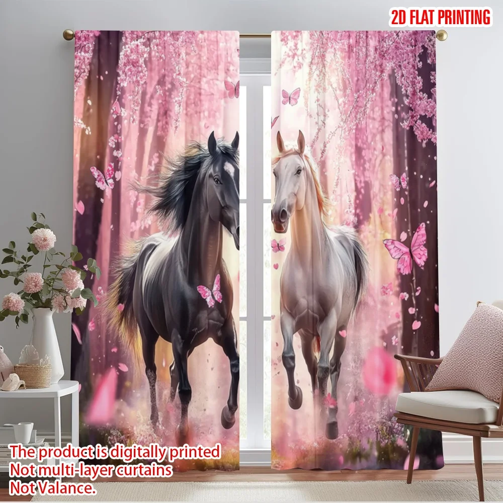 2pcs,2D plane printing Curtains Spring Gallop 100% Polyester (without rod) Outdoor Decorations for Bedroom, Office, Living Room,