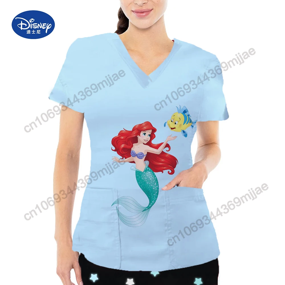 Disney Cartoon Pattern Women\'s T-Shirt V-neck Design Style T-shirts 2024 New Fashion Women Clothing Double Pocket Cute Clothes