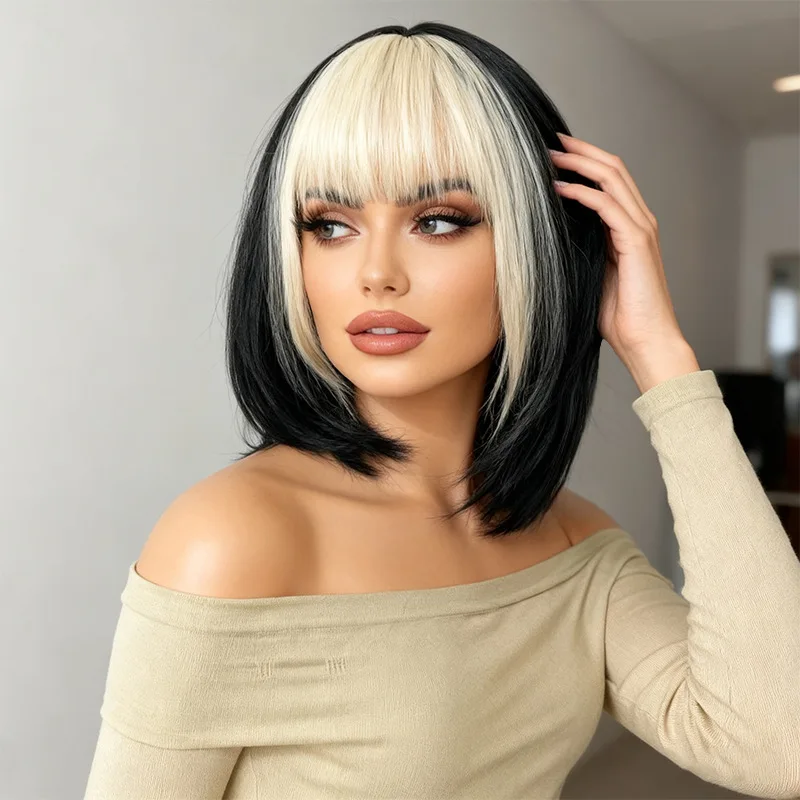 

Synthetic Short Bob Wig With Bangs Ombre Black & Blonde Synthetic Hair Full Wig Natural Looking Women's Girls Cosplay Wig