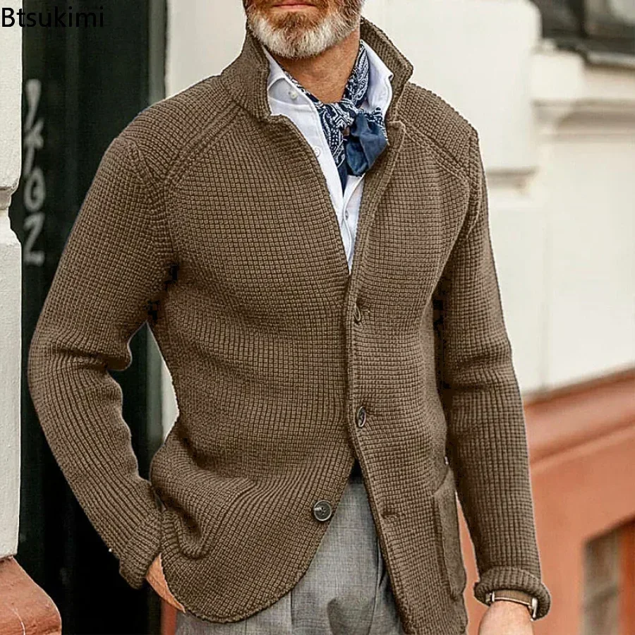 Suéter grueso y cálido para hombre, Chaqueta de punto con cuello levantado, de manga larga, informal, a la moda, para Otoño e Invierno