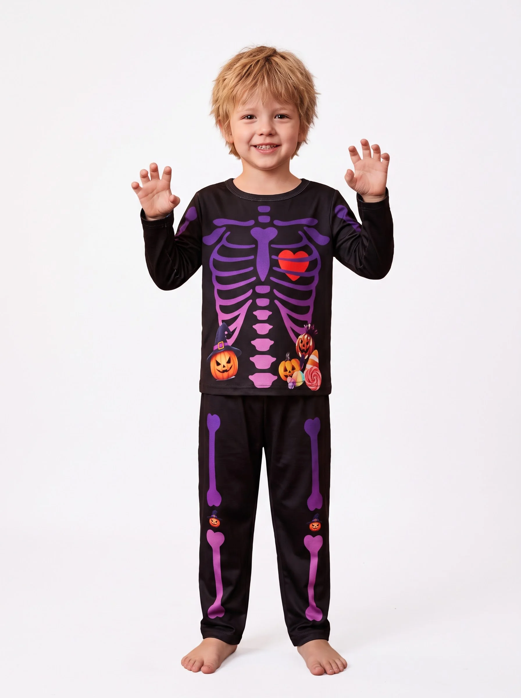 Boys Halloween Skeleton Pajamas Set Flame Resistant Long Sleeve Top Pants Kids Pumpkin Print Sleepwear Home Clothes